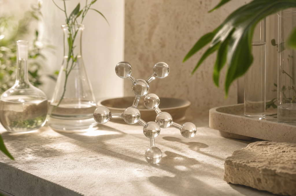 Glass molecular model displayed in a warm, natural light wellness research setting