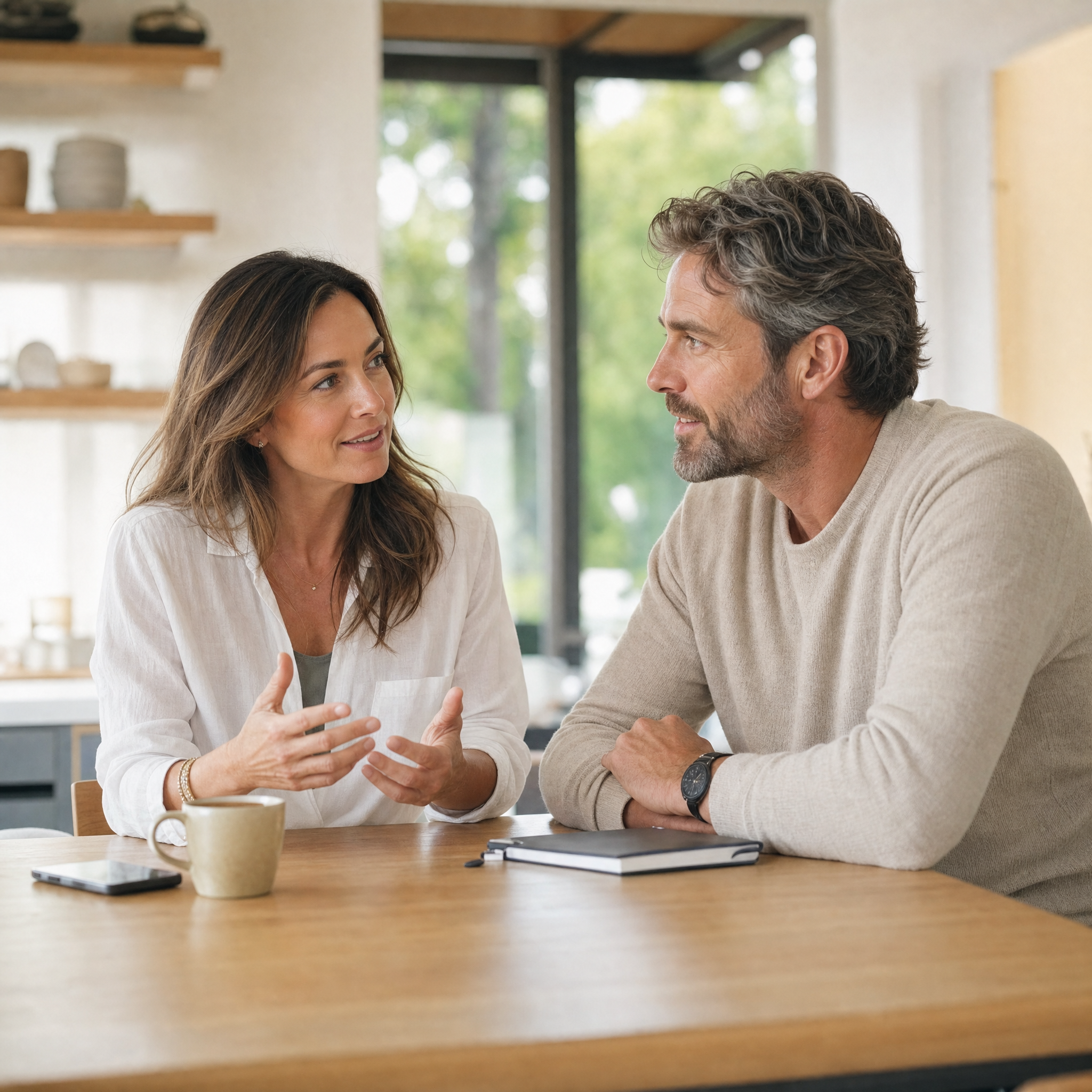 A man and woman in midlife having a conversation at a kitchen table