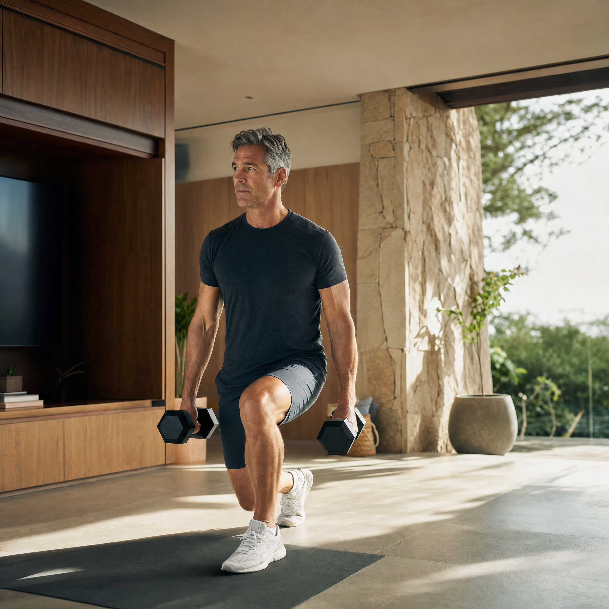 Man in his 50's strength training with dumbbells at home